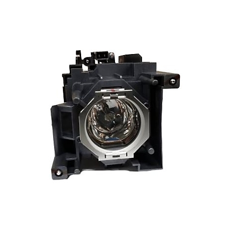 Nahaufnahme eines Projektor-Lampenmoduls. Die Lampe ist von einem Metallrahmen umgeben und in einem schwarzen Gehäuse eingebettet.