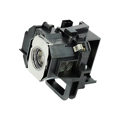 Nahaufnahme eines Projektor-Lampenmoduls aus schwarzem Kunststoff und Metall. Der Blick ist auf die Linse gerichtet.