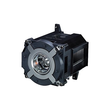 Nahaufnahme einer Projektorlampe mit metallischen und schwarzen Elementen. Die Lampe zeigt ein silbernes Innenleben.