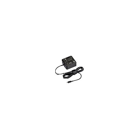 Adaptateur secteur pour ordinateur portable noir avec cÃ¢ble et connecteur USB-C, sur fond blanc.