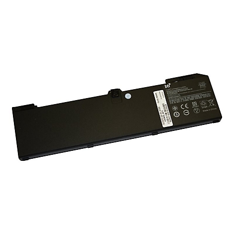 Batterie d'ordinateur portable noire, lÃ©gÃ¨rement inclinÃ©e, sur fond blanc. Autocollant avec spÃ©cifications techniques.