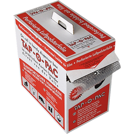 Box labeled TAP-O-PAC. Handle on top, description for bubble wrap below.