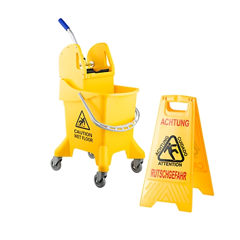 Yellow mop bucket and caution sign for wet floor on white background.
