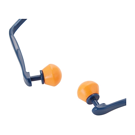 Zwei orangefarbene Ohrstöpsel mit blauen Bügeln.