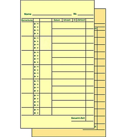 Two yellow work time cards are stacked on top of each other. On the top card are columns for comment, date, time and count time.