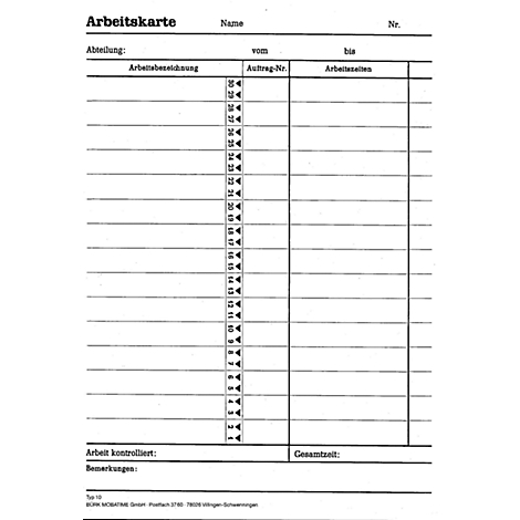 A black and white time card with various fields. At the top it says 'Arbeitskarte'.
