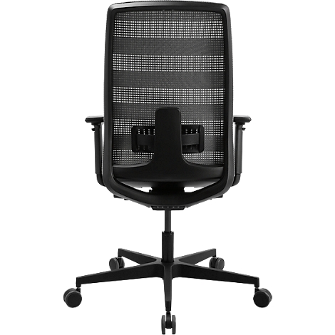 Schwarzer Bürostuhl, Rückansicht. Die Rückenlehne hat ein Netzdesign, Armlehnen und ein 5-Speichen-Gestell mit Rollen.