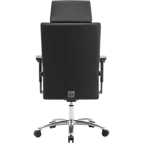 Schwarzer Bürostuhl von hinten. Kopfstütze, Rückenlehne, Armlehnen, Rollenfuß und Chrom-Gestell.