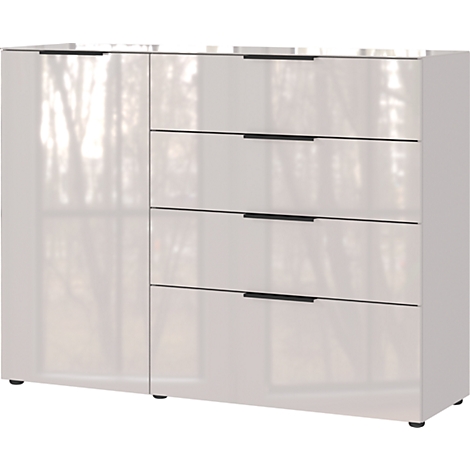 Commode crème avec quatre tiroirs et une porte. Les poignées sont noires.