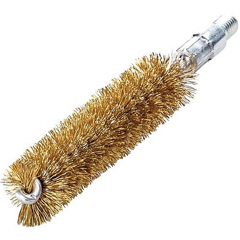 Borstelkop met messing borstelharen. Aan het uiteinde een draad en een oogje.