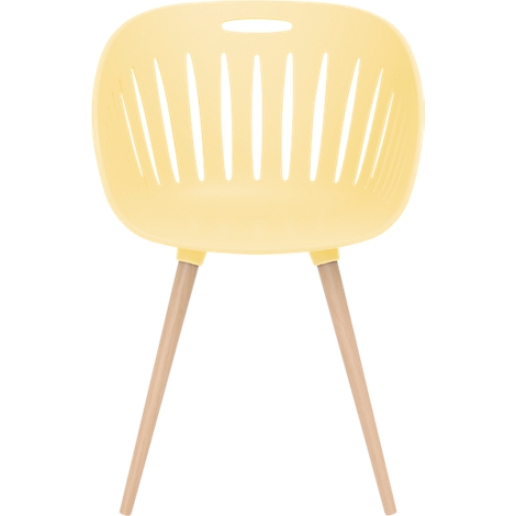 Gele stoel met houten poten. De rugleuning heeft spleten en een ovaal gat.