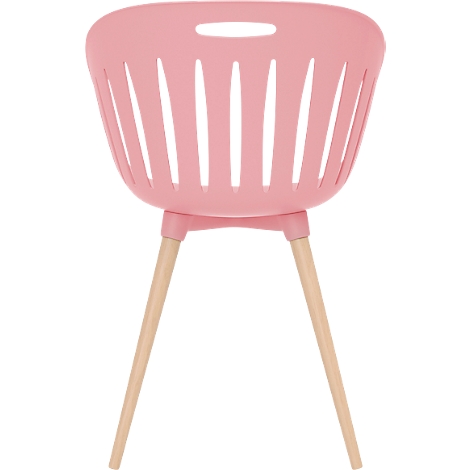 Roze stoel met houten poten, gefotografeerd van voren.
