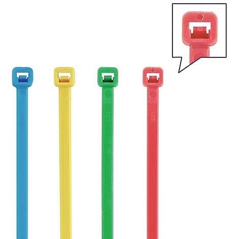 Vier gekleurde kabelbinders: blauw, geel, groen, rood. Detailweergave van de rode sluiting.