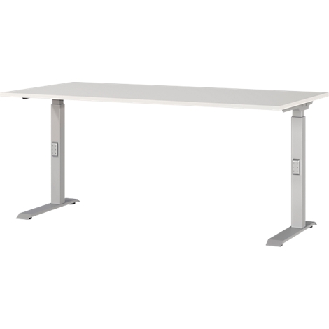 Un bureau blanc réglable en hauteur, reposant sur des pieds gris argent. Le cadre du bureau dispose d'un panneau de commande.