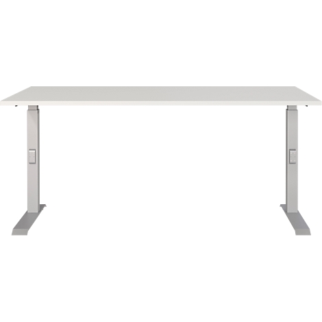 Un bureau rectangulaire blanc avec des pieds argentés réglables en hauteur. Le bureau se dresse sur un fond blanc.