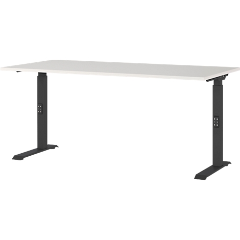 Un bureau blanc reposant sur deux pieds de table noirs réglables en hauteur. Des éléments de commande sont fixés aux pieds.