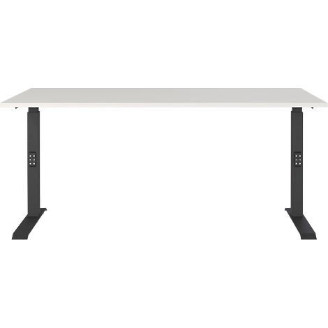 Un bureau blanc avec des pieds noirs réglables en hauteur. Il y a des boutons sur les pieds.