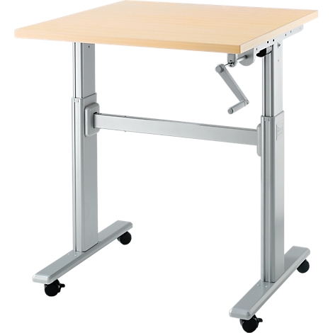 Bureau réglable en hauteur, plateau en bois clair, cadre gris, roulettes.