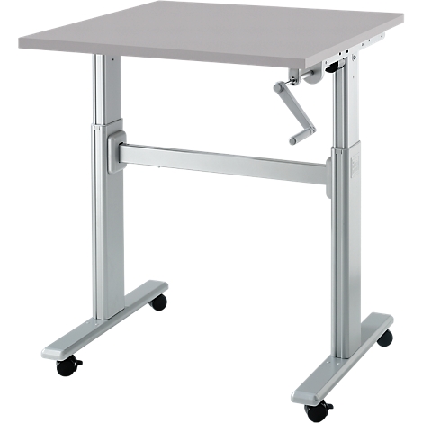 Bureau debout carré gris avec manivelle, sur roulettes.