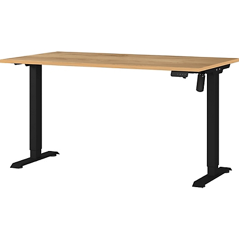 Bureau brun clair avec cadre noir ; réglable en hauteur. Panneau de commande à droite.