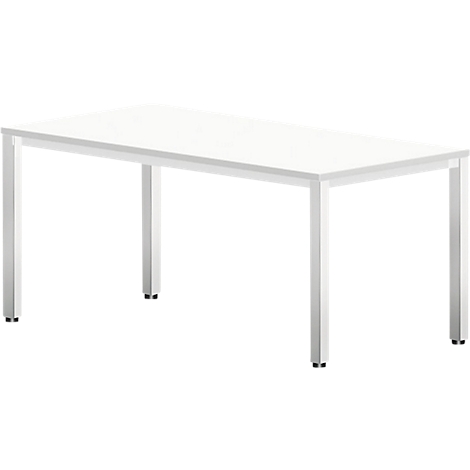 Table blanche avec pieds rectangulaires gris clair sur fond blanc.