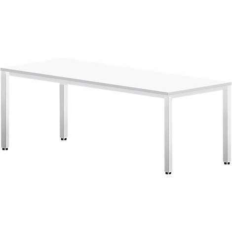 Table blanche avec plateau rectangulaire et pieds en métal. Pieds noirs.