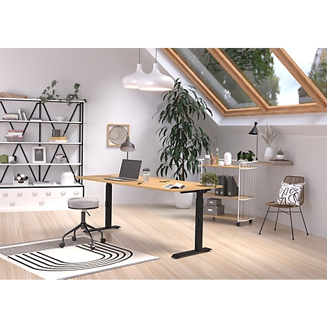 Un bureau à domicile lumineux avec un bureau réglable en hauteur, un ordinateur portable, une bibliothèque et un puits de lumière avec lumière naturelle.