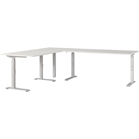 Bureau d'angle blanc avec pieds réglables. Le plateau repose sur des pieds argentés.