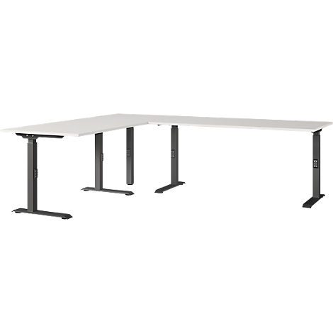 Un bureau d'angle blanc avec des pieds noirs réglables en hauteur.