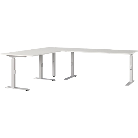 Bureau d'angle blanc, réglable en hauteur. Deux plateaux de table se rencontrent à angle droit, pieds gris.