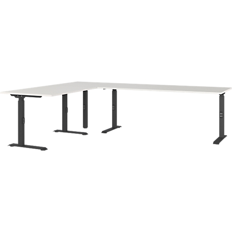 Bureau d'angle blanc avec cadre noir. Hauteur réglable.