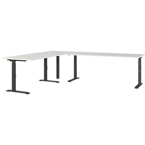 Un bureau blanc en forme de L avec un cadre noir. Le bureau est réglable en hauteur.