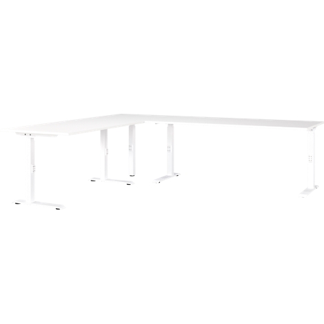 Un bureau d'angle blanc, vue de dessus. Le plateau se compose de deux surfaces rectangulaires jointes.