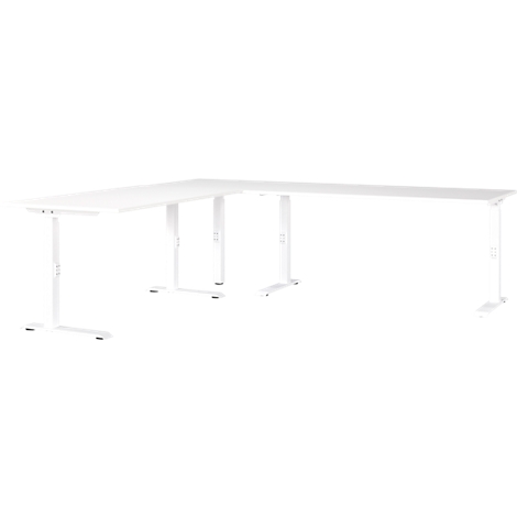 Bureau d'angle blanc avec pieds réglables en hauteur.