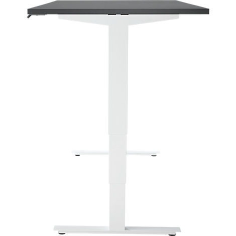 Bureau réglable en hauteur. Plateau de table gris foncé sur pied clair et rectangulaire avec entretoise.