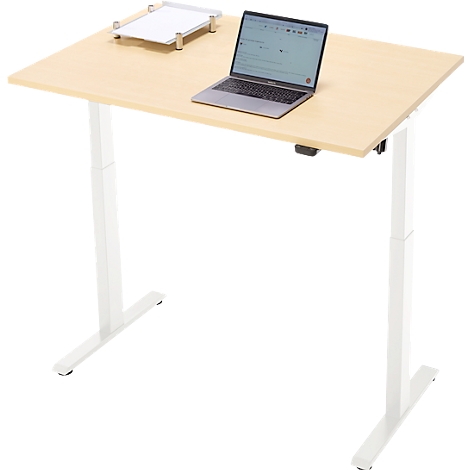 Een in hoogte verstelbaar bureau met een licht houten blad en een wit frame. Een laptop en een dienblad staan erop.