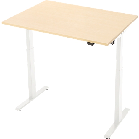 Lichtbruine rechthoekige bureau op witte in hoogte verstelbare poten. Het tafelblad heeft een houtnerf.