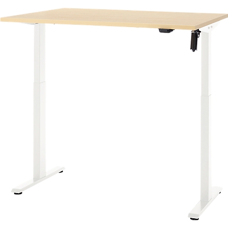 Een in hoogte verstelbaar bureau tegen een witte achtergrond. Het tafelblad is lichtbruin, de poten zijn wit.