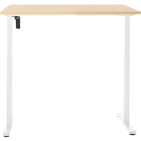 Lichtbruine bureau met witte poten, in hoogte verstelbaar. Het bureau staat tegen een witte achtergrond.