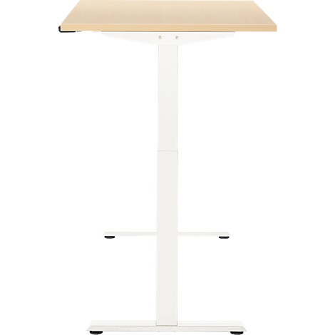 Statafel met een licht houten blad en wit frame. Hij is in hoogte verstelbaar en staat op een vierkante voet.