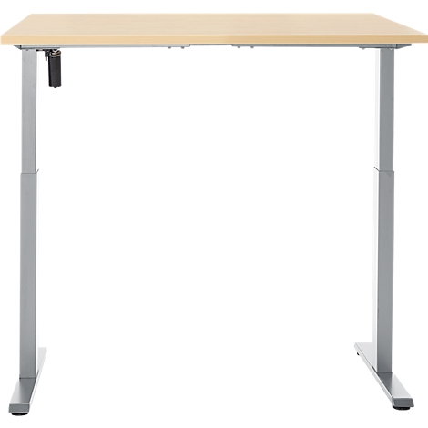 Een in hoogte verstelbaar bureau met een licht houten blad en zilvergrijze poten. Het bureau staat tegen een witte achtergrond.
