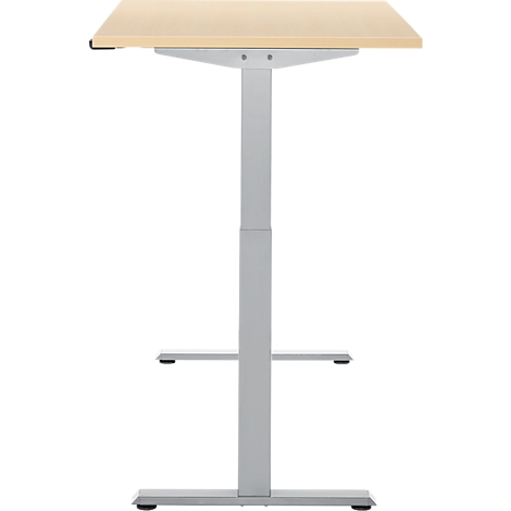 Een in hoogte verstelbaar stahulp met een beige tafelblad en een zilveren frame.