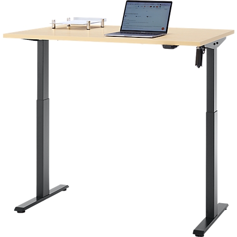 Lichte bureau met laptop. Zwarte poten, opzetstuk voor monitor.