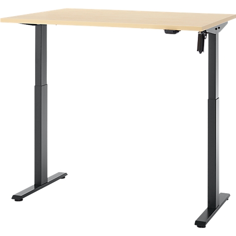 Lichtbruine, in hoogte verstelbare bureau. Zwarte poten, rechthoekig tafelblad.