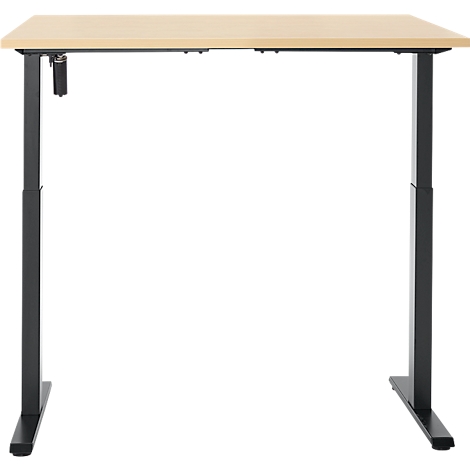 Een in hoogte verstelbaar bureau met een lichtbruin tafelblad en zwarte metalen poten. De hoogte kan handmatig worden aangepast.