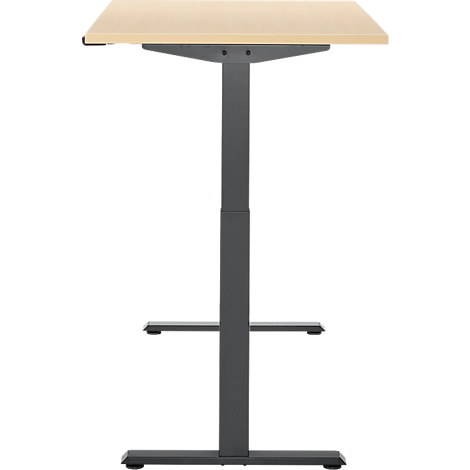 Staande bureau in lichte houtlook met grijs frame. Het is in hoogte verstelbaar en staat op een vierkante voet.