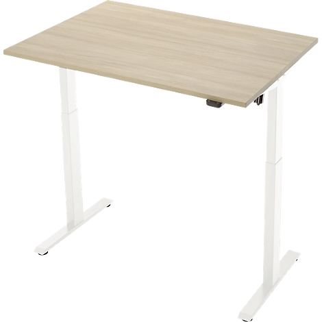 In hoogte verstelbaar bureau, lichtbruin tafelblad, witte poten.