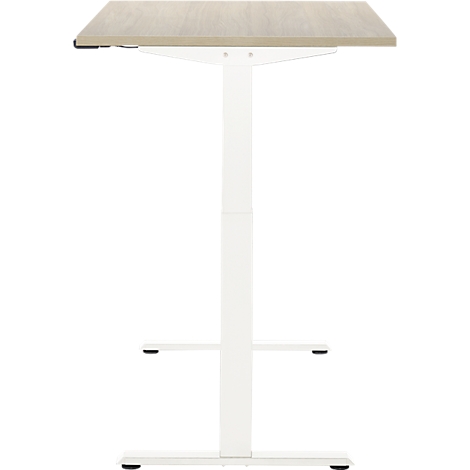Een witte in hoogte verstelbare bureau met een licht houten blad. De kolom en de voet zijn van metaal.