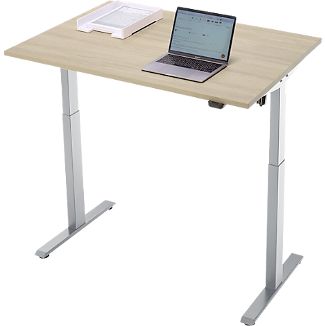 In hoogte verstelbaar bureau met laptop en bak. Houten blad, zilveren poten.