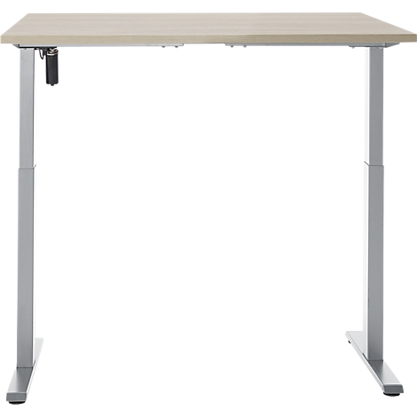 Lichtbruine, in hoogte verstelbare bureau met zilveren poten, op een witte achtergrond.